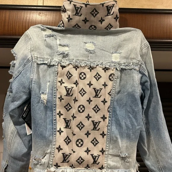NWT heavily distressed denim jacket w/ Louis Vuitton tan and black scarf print. - Picture 8 of 10